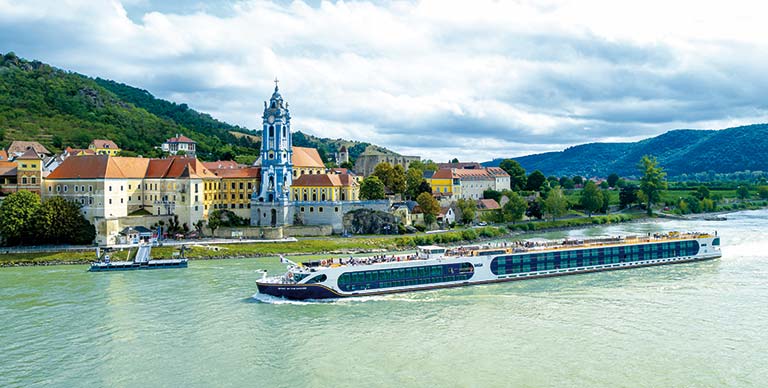 Spirit of the Danube sailing past Dürnstein in Austria